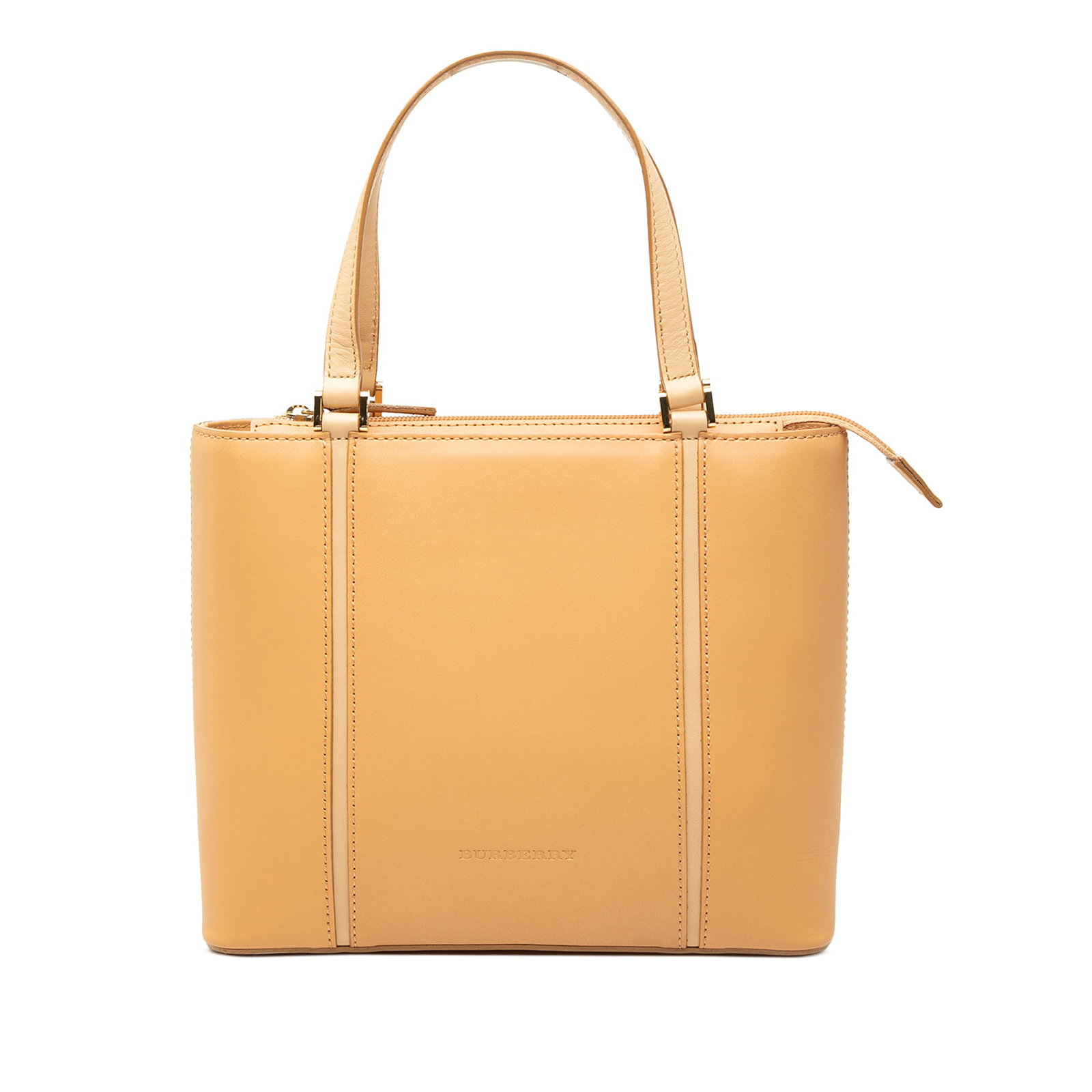 Burberry Leather Tote Bag Brown Made in Italy: Burberry Leather Tote Bag Brown Made in Italy A Burberry leather tote in brown with a structured zip-top design. It features flat leather handles and an organized interior with one zip pocket and slip