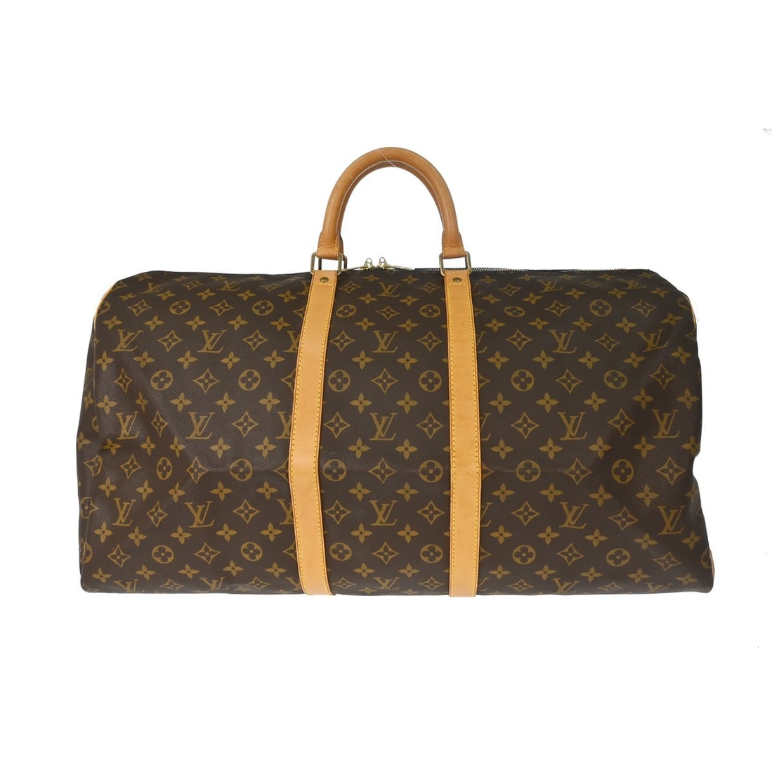 Louis Vuitton Keepall 55 Monogram Canvas Duffle Bag M41424: Louis Vuitton Keepall 55 Monogram Canvas Duffle Bag M41424 Vintage Louis Vuitton Keepall 55 travel handbag in Monogram canvas with leather trim and double handles. This extra large duffle-style bag fe
