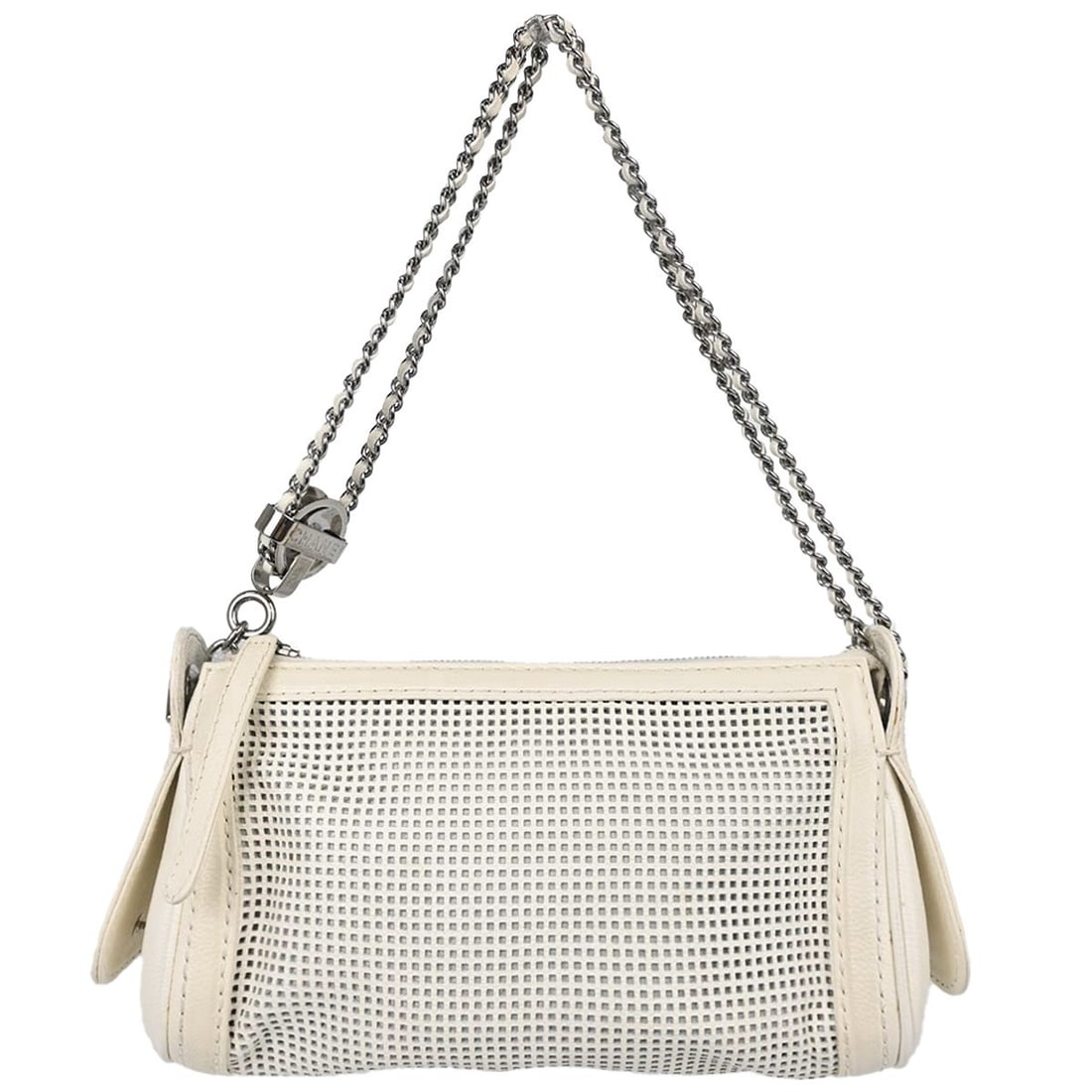 CHANEL Pulley Shoulder Bag White Perforated Calfskin Leather: CHANEL Pulley Shoulder Bag White Perforated Calfskin Leather Chanel white perforated calfskin shoulder bag crafted in Italy. This medium bag features a white leather exterior and an interior with one 