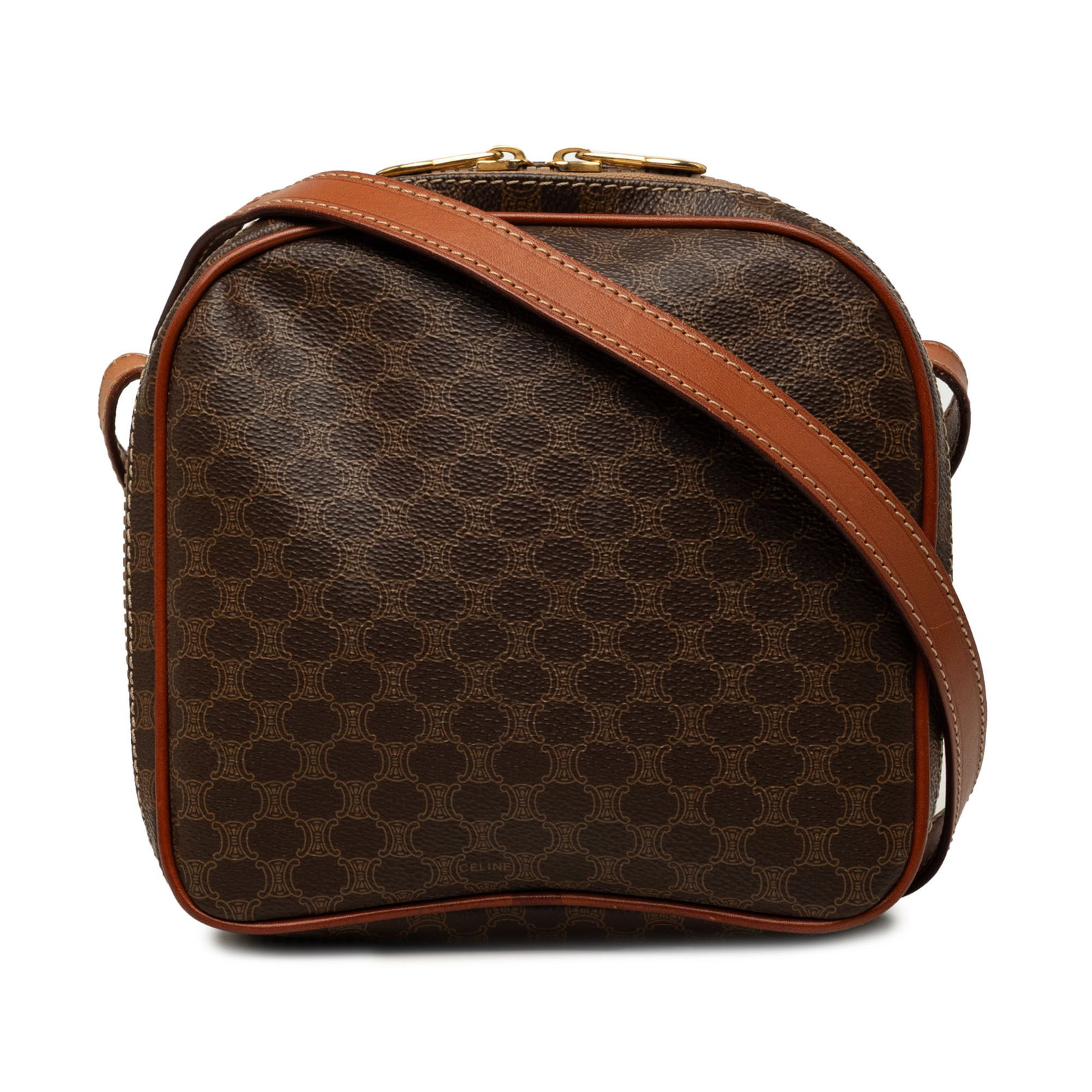 Celine Macadam Brown Coated Canvas Crossbody Bag: Celine Macadam Brown Coated Canvas Crossbody Bag Celine Macadam coated canvas crossbody bag with leather trim and a flat leather shoulder strap. The bag features a zip-around closure and an interior z