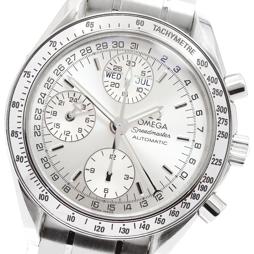 OMEGA Speedmaster 3523.30 automatic chronograph wristwatch triple calendar: OMEGA Speedmaster 3523.30 automatic chronograph wristwatch triple calendar Omega Speedmaster Triple Calendar Chronograph automatic men's wristwatch with a silver dial and stainless steel case and brac