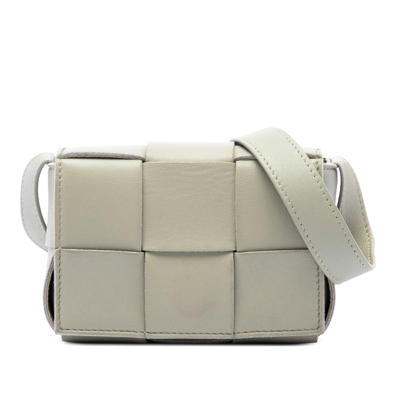 Gray Leather Crossbody Bottega Veneta Candy Cassette Intrecciato: Gray Leather Crossbody Bottega Veneta Candy Cassette Intrecciato A compact Bottega Veneta Candy Nappa Intrecciato Cassette crossbody bag crafted with a woven nappa leather body and a front flap with m
