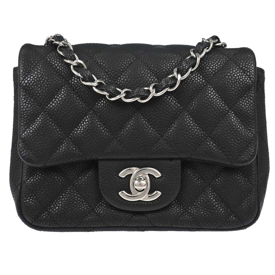 CHANEL Classic Single Flap Mini Square Shoulder Bag Black Caviar Leather: CHANEL Classic Single Flap Mini Square Shoulder Bag Black Caviar Leather Chanel Mini Classic Square Flap Shoulder Bag in black caviar skin leather, featuring a turn-lock closure and a crossbody strap.