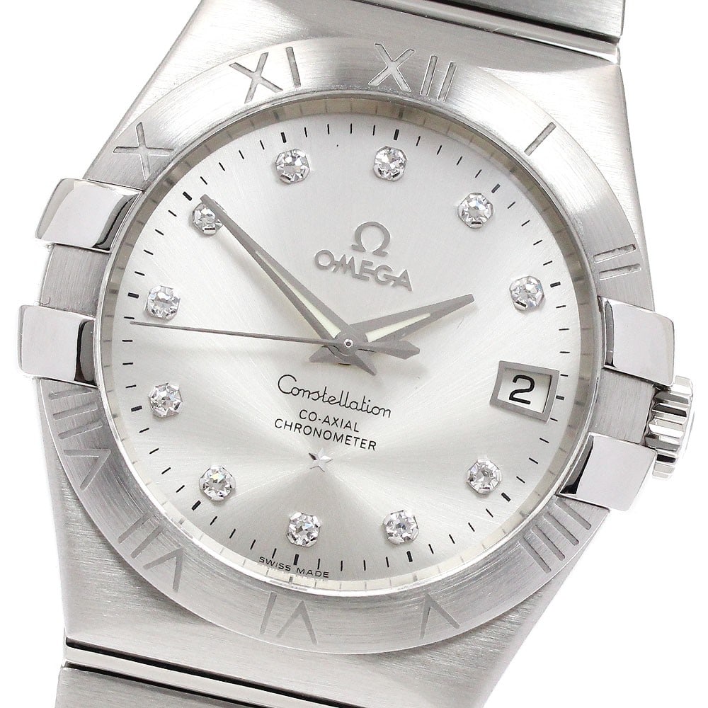 Omega Constellation Date 123.10.35.20.52.001 Mens Automatic Diamond Watch: Omega Constellation Date 123.10.35.20.52.001 Mens Automatic Diamond Watch Omega Constellation men's automatic wristwatch with a silver dial, date display, and 11P diamond design. This watch features a