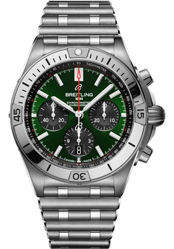 Breitling AB0134101L1A1 Chronomat B01 mens watch green dial bracelet: Breitling AB0134101L1A1 Chronomat B01 mens watch green dial bracelet Breitling Chronomat B01 men's watch featuring a green dial, rotating bezel, and bracelet. Includes card. Specifications Brand: Brei