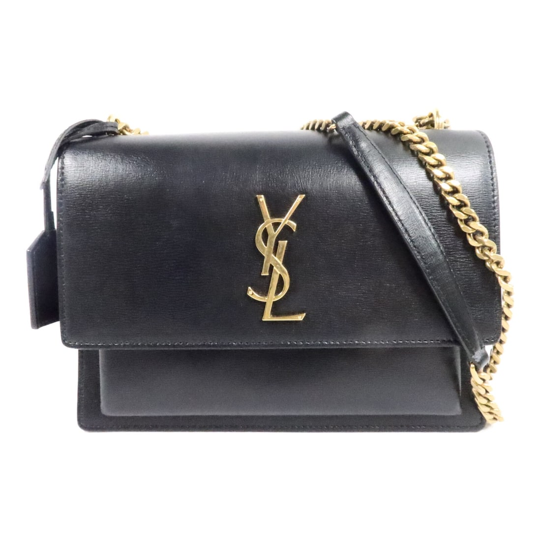 Saint Laurent Sunset Medium 442906 Black Calfskin Shoulder Bag: Saint Laurent Sunset Medium 442906 Black Calfskin Shoulder Bag Saint Laurent Sunset medium chain shoulder bag in black calfskin with a structured silhouette and shoulder chain strap. This women's shou
