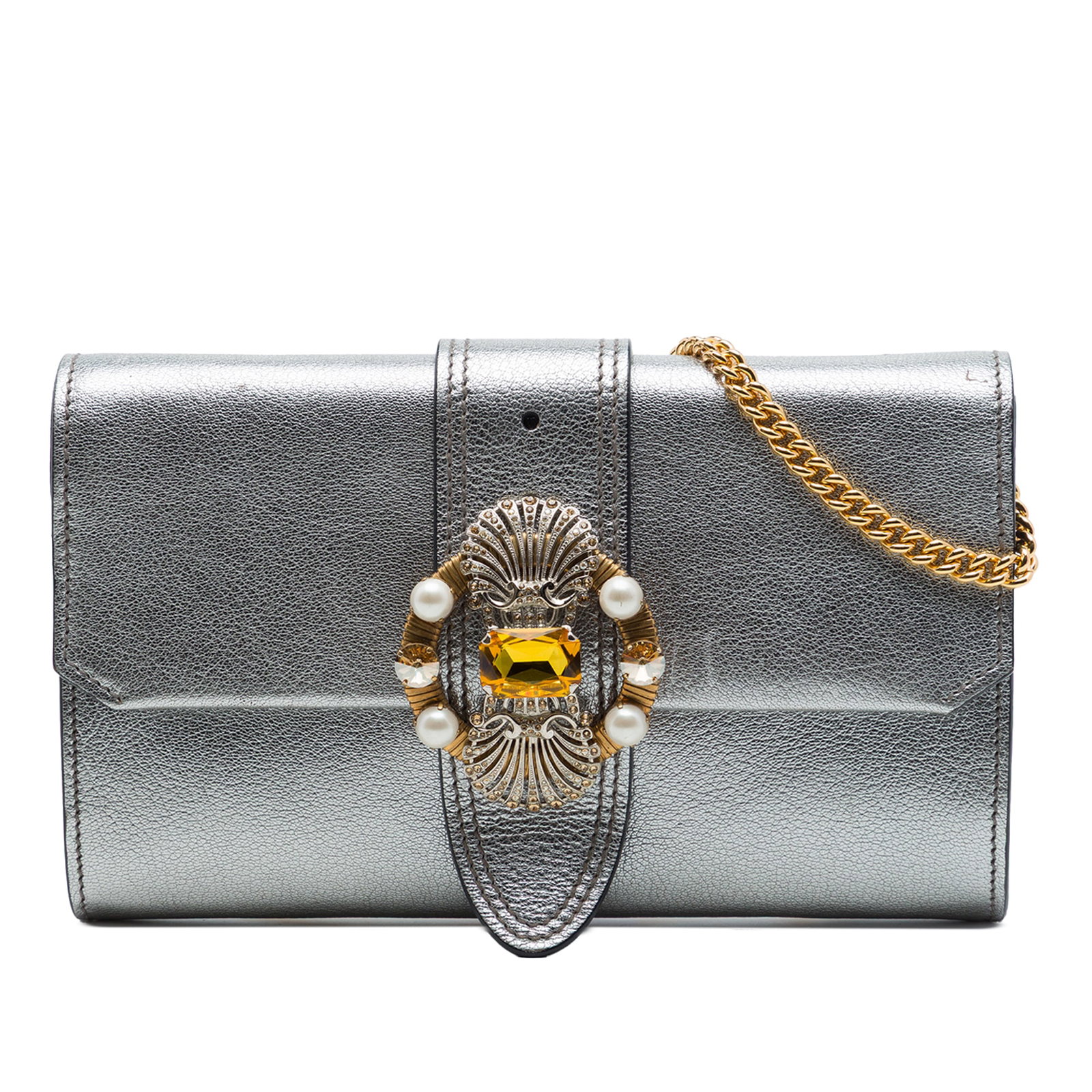 Miu Miu Madras crystal embellished goatskin crossbody bag silver: Miu Miu Madras crystal embellished goatskin crossbody bag silver Miu Miu metallic goatskin Madras crystal embellished crossbody bag with a curb chain link shoulder strap, front flap with magnetic snap