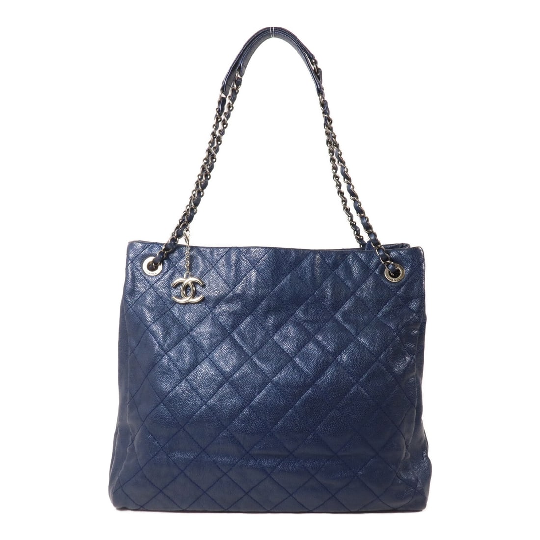 CHANEL CC Blue Calfskin Shoulder Bag with Silver Tone Chain: CHANEL CC Blue Calfskin Shoulder Bag with Silver Tone Chain Chanel CC chain shoulder bag in blue calfskin leather with silver-tone hardware. This women's shoulder bag features a spacious interior with