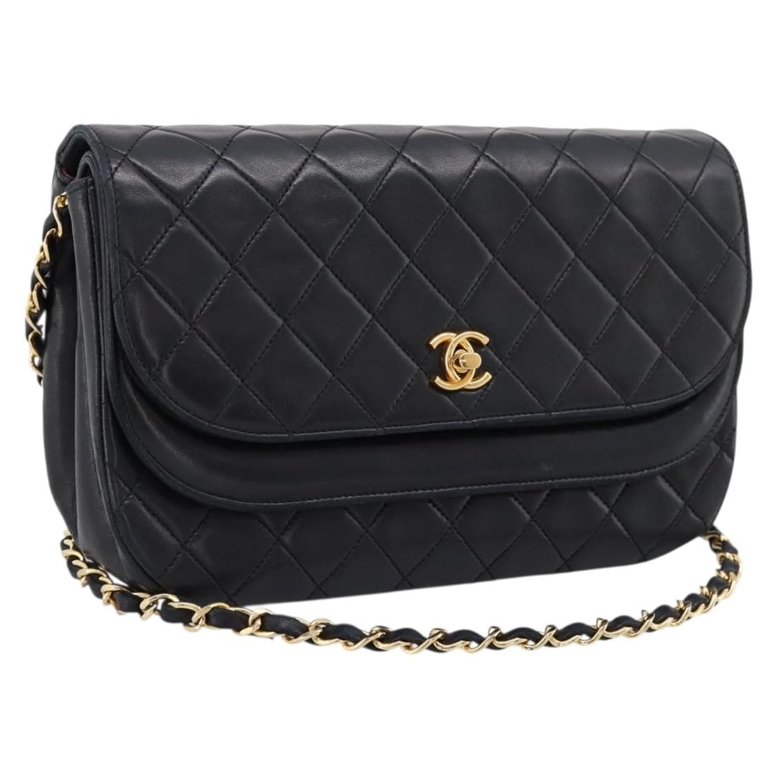 CHANEL Matelasse Lamb Skin Shoulder Bag Black with Gold CC: CHANEL Matelasse Lamb Skin Shoulder Bag Black with Gold CC Classic CHANEL Matelasse chain shoulder bag crafted in black lamb skin with gold-tone CC detailing. This women's shoulder bag is made in Ital