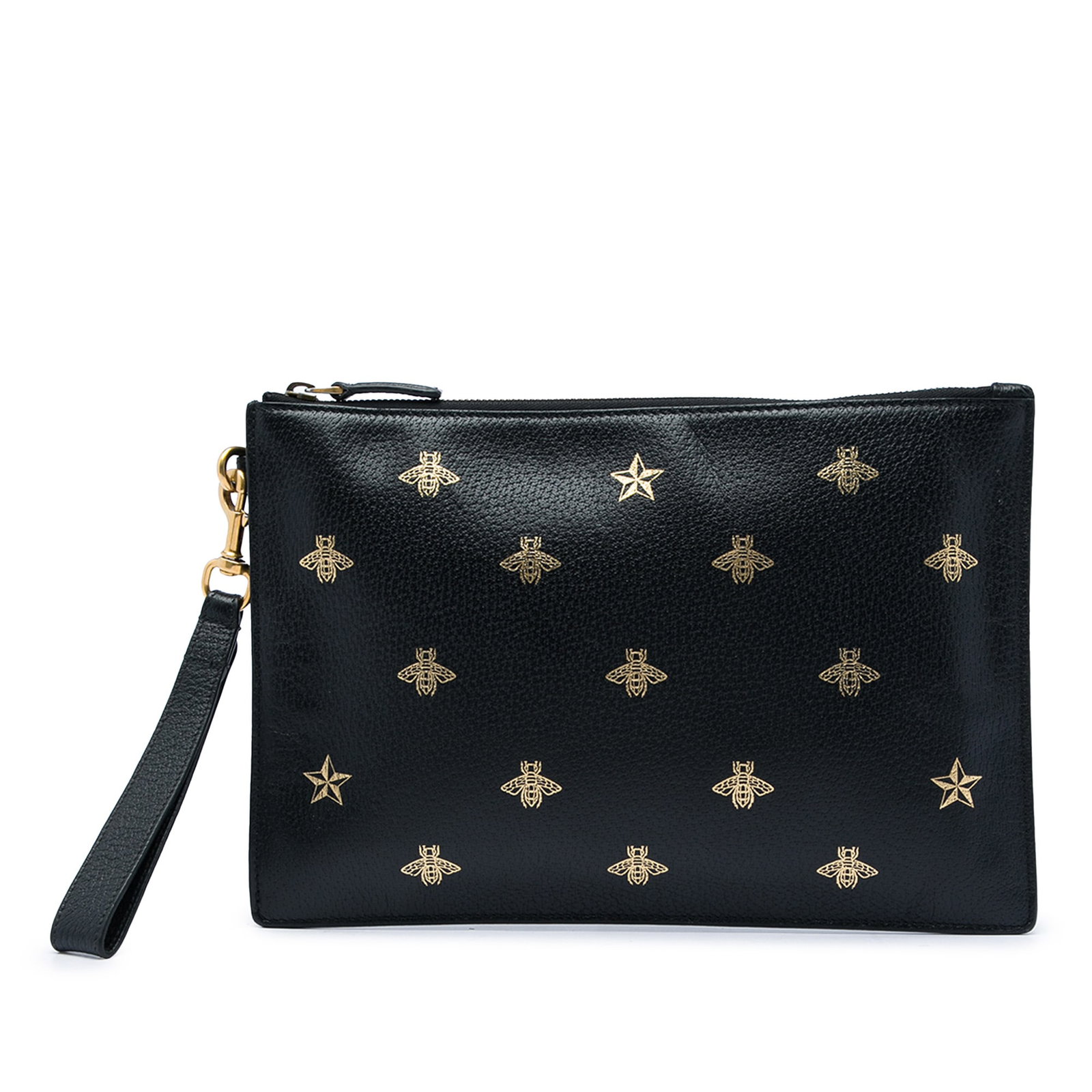 Gucci Bee Star Calfskin Wristlet Clutch Bag Black: Gucci Bee Star Calfskin Wristlet Clutch Bag Black Gucci Calfskin Bee Star clutch in black leather with a printed bee and star design. This clutch features a detachable flat leather wrist strap, top zi