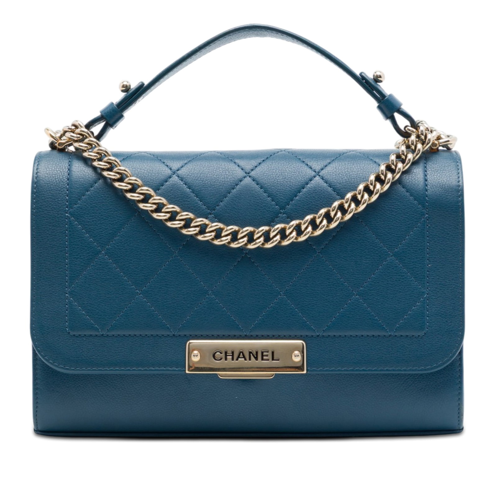 Chanel Label Click Top Handle Flap Medium Quilted Grained Calfskin Bag: Chanel Label Click Top Handle Flap Medium Quilted Grained Calfskin Bag A Chanel medium flap satchel crafted in blue quilted grained calfskin leather. This bag features a flat leather top handle, a cha