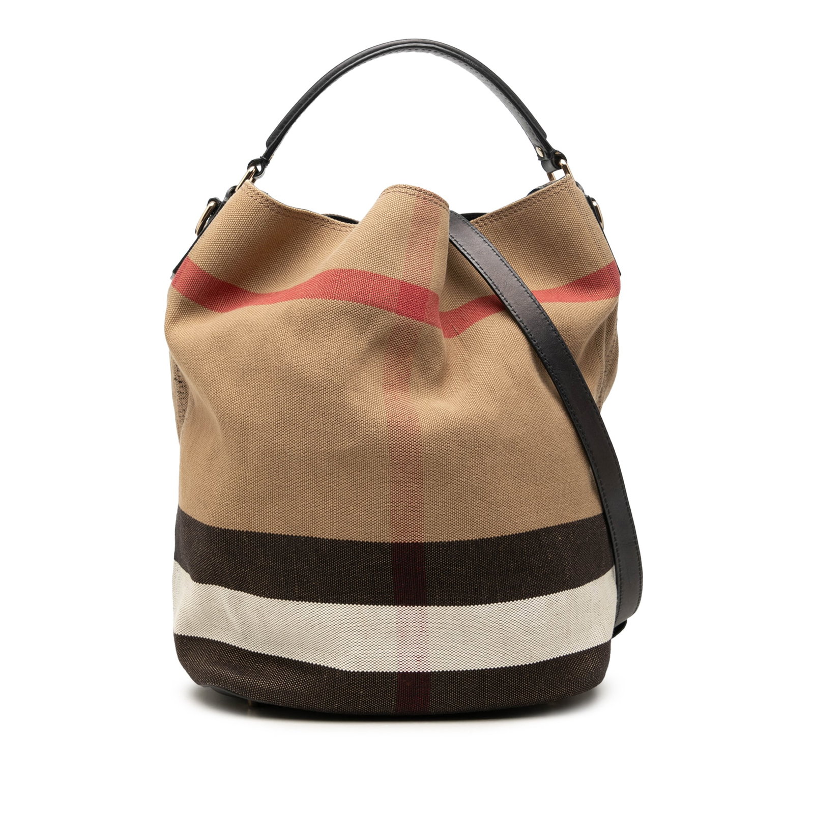 Burberry Ashby Satchel in House Check Canvas with Leather Trim: Burberry Ashby Satchel in House Check Canvas with Leather Trim Burberry House Check Ashby satchel in beige canvas with leather trim and base. This satchel features a flat leather top handle, a detacha