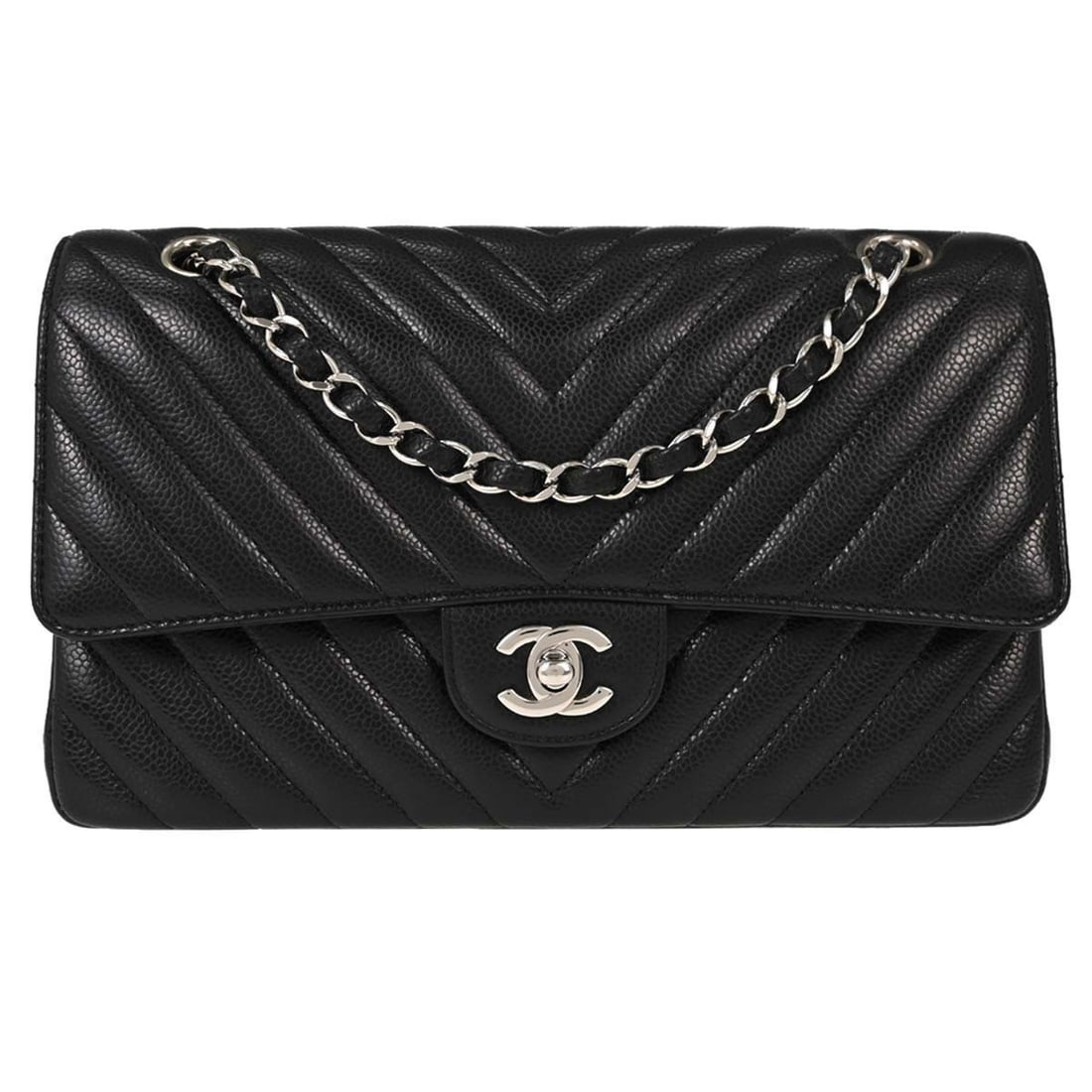 CHANEL Classic Double Flap Medium Shoulder Bag Black Leather: CHANEL Classic Double Flap Medium Shoulder Bag Black Leather Chanel Medium Classic Double Flap shoulder bag in black caviar skin leather with a turn-lock closure and shoulder strap. This women's bag f
