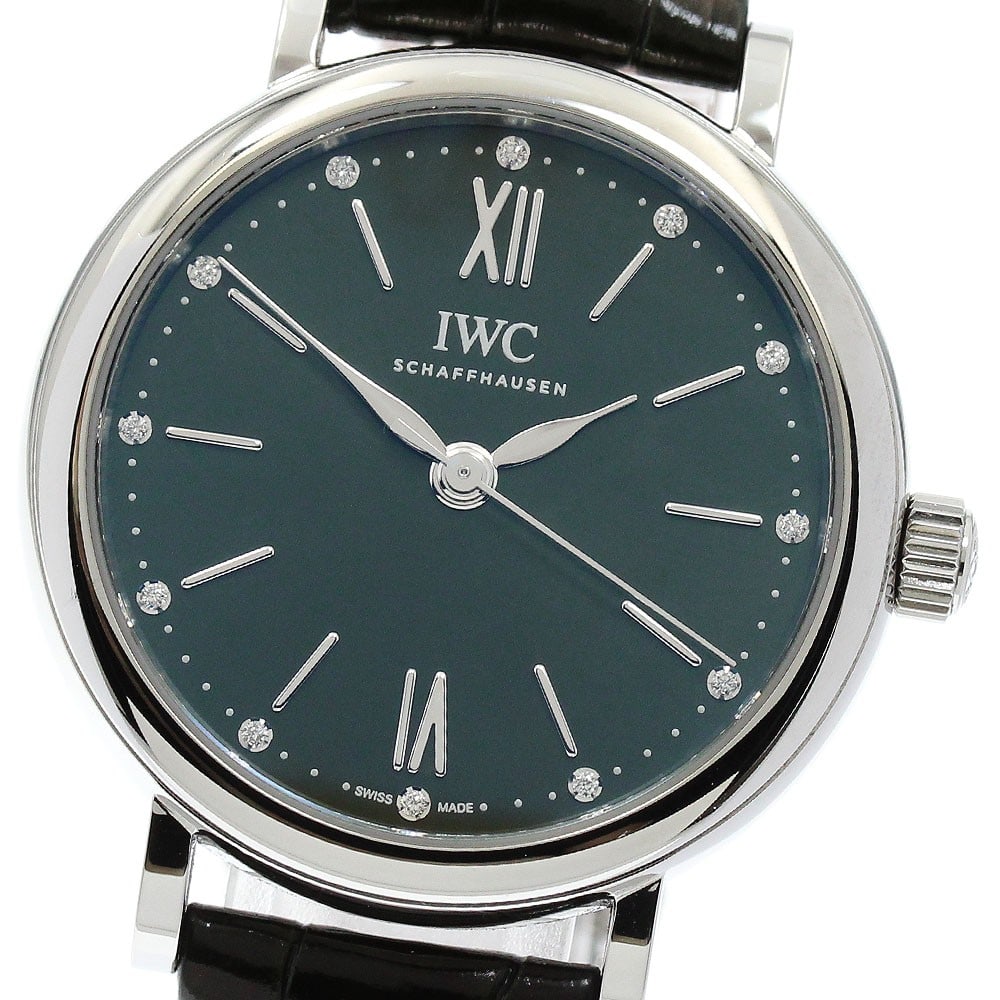 IWC Portofino Automatic 34 Ladies Watch IW357405 12P Diamond: IWC Portofino Automatic 34 Ladies Watch IW357405 12P Diamond IWC Schaffhausen Portofino Automatic 34 ladies wristwatch with a stainless steel case, khaki dial, leather strap, and automatic movement. T