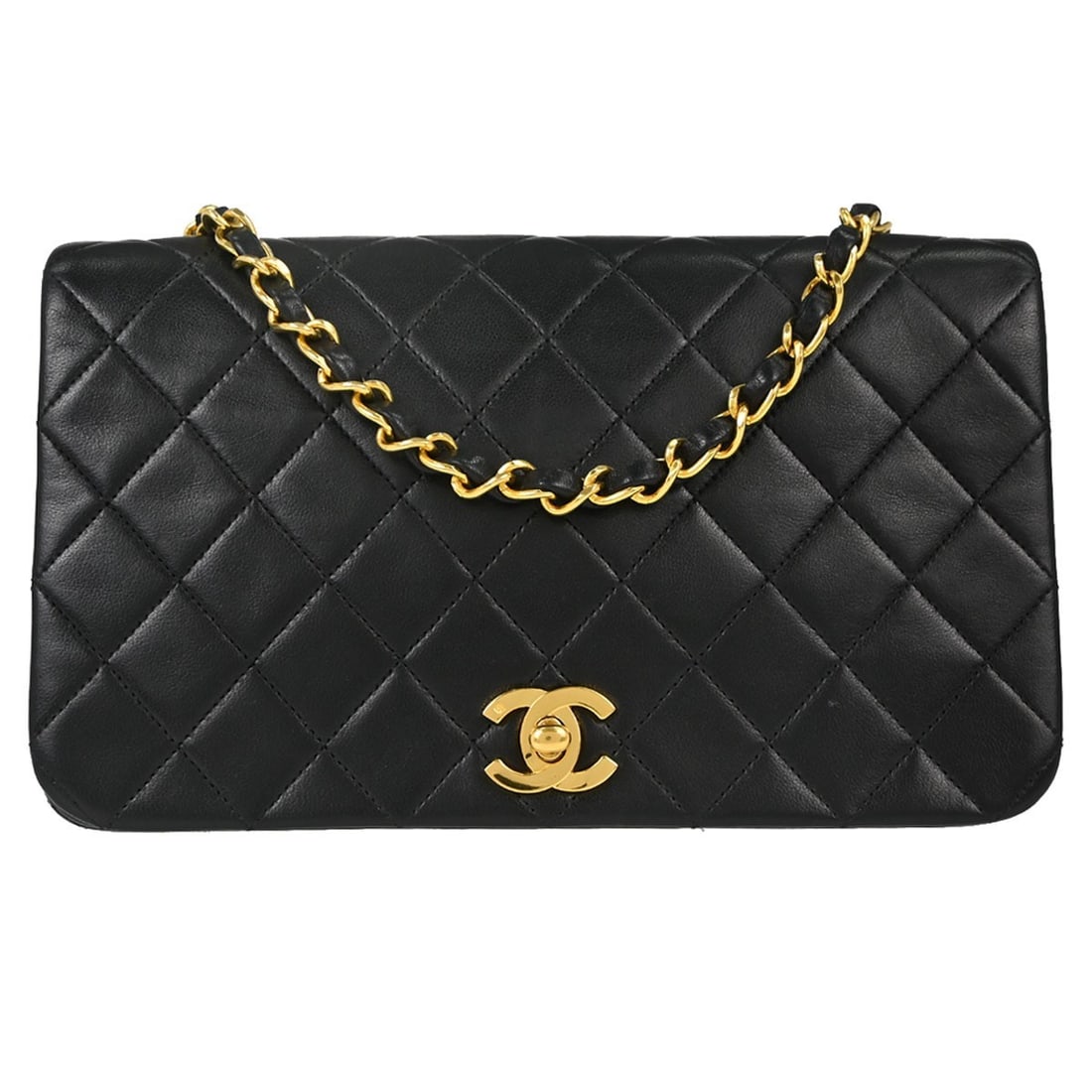 CHANEL Single Chain Full Flap Lambskin Shoulder Bag Black: CHANEL Single Chain Full Flap Lambskin Shoulder Bag Black Chanel Full Flap shoulder bag in black lambskin leather with a matelasse quilted exterior and turnlock flap closure. This women's bag features