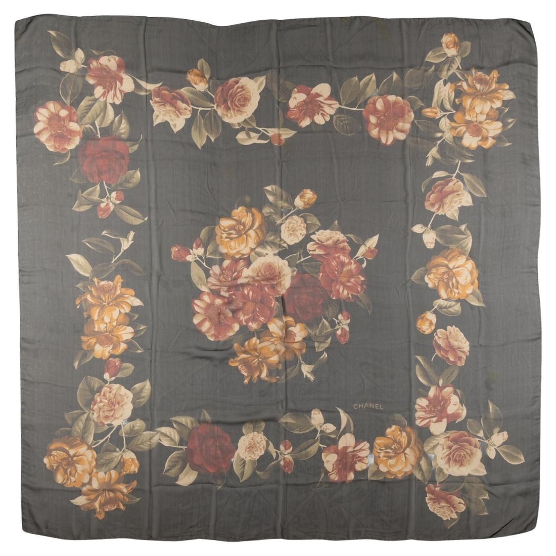 Chanel Floral Silk Chiffon Shawl in Black Brown 52 in (1 of 6)