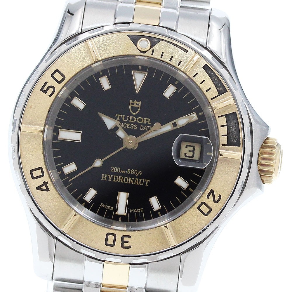 TUDOR Princess Date 99093 Ladies Automatic SS YG Wristwatch: TUDOR Princess Date 99093 Ladies Automatic SS YG Wristwatch TUDOR Princess Date women's wristwatch with automatic movement and date function. This watch features a black dial and a stainless steel and