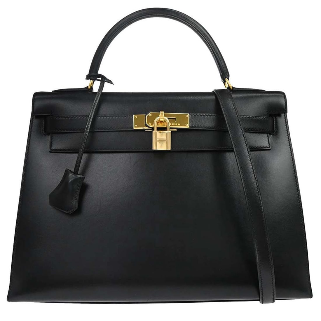 Hermes Kelly 32 Sellier Black Box Calf Top Handle Bag: Hermes Kelly 32 Sellier Black Box Calf Top Handle Bag Hermes Kelly 32 Sellier 2way handbag in black box calf leather with a structured top handle silhouette, turn-lock closure, and gold-tone hardware.