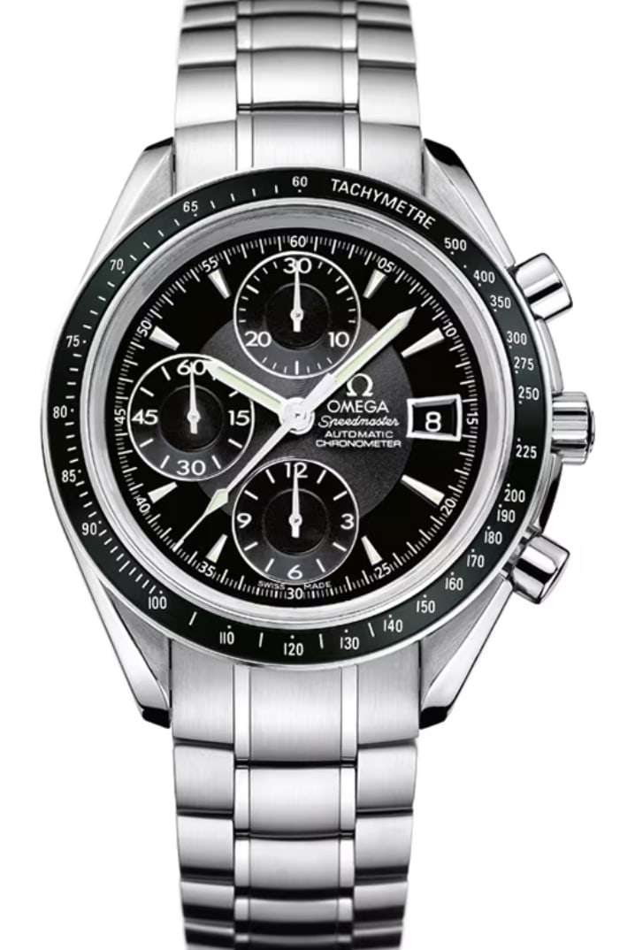 Omega 3210.5 Speedmaster Date mens watch black dial steel bracelet: Omega 3210.5 Speedmaster Date mens watch black dial steel bracelet Omega Speedmaster Date men's watch with a black dial, fixed tachymeter bezel, and stainless steel bracelet. Reference 3210.5. Specifi