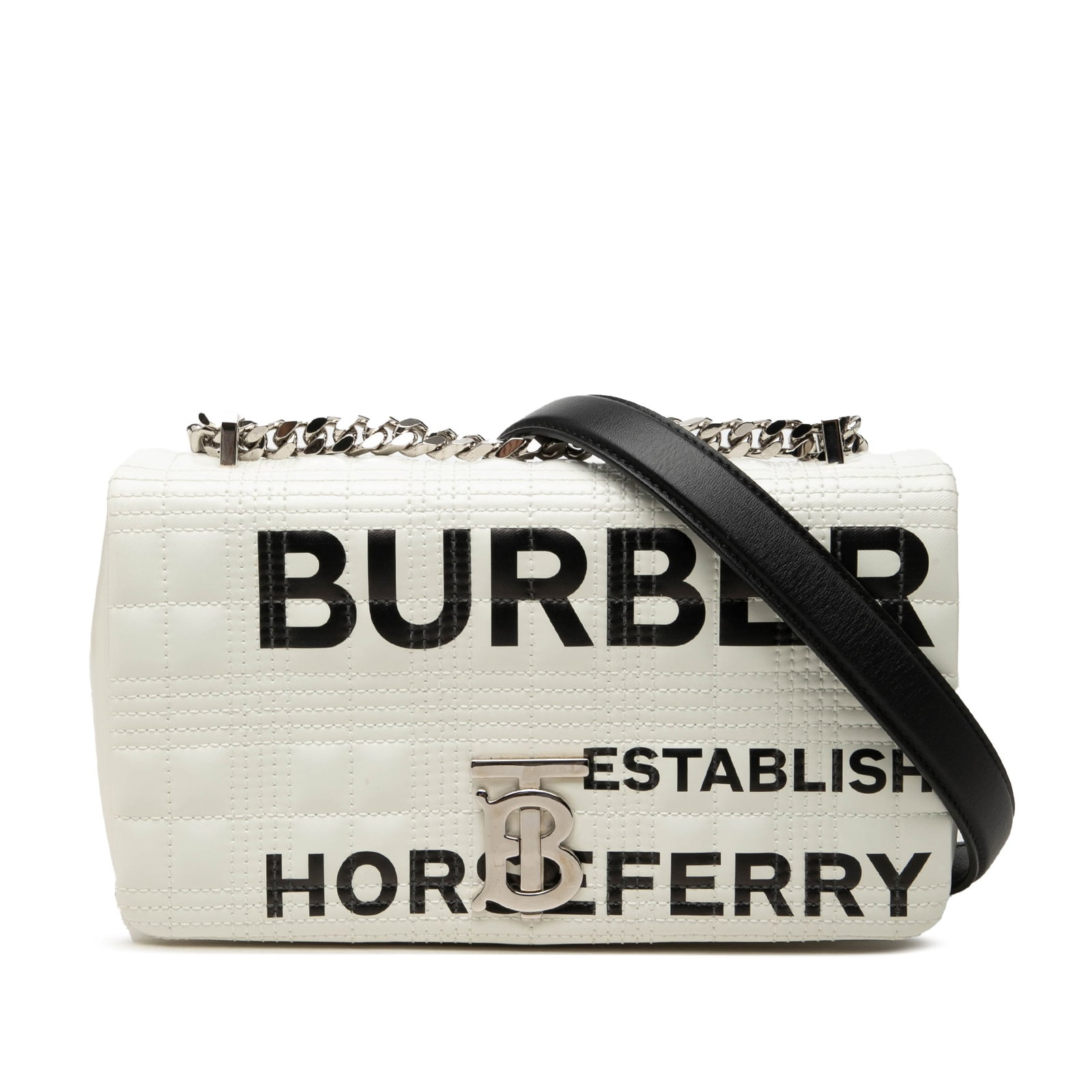 Burberry Lola Small Quilted Canvas Crossbody Bag White: Burberry Lola Small Quilted Canvas Crossbody Bag White A compact Burberry Lola crossbody crafted with a quilted coated canvas body and a leather-trimmed curb chain shoulder strap. The design features 