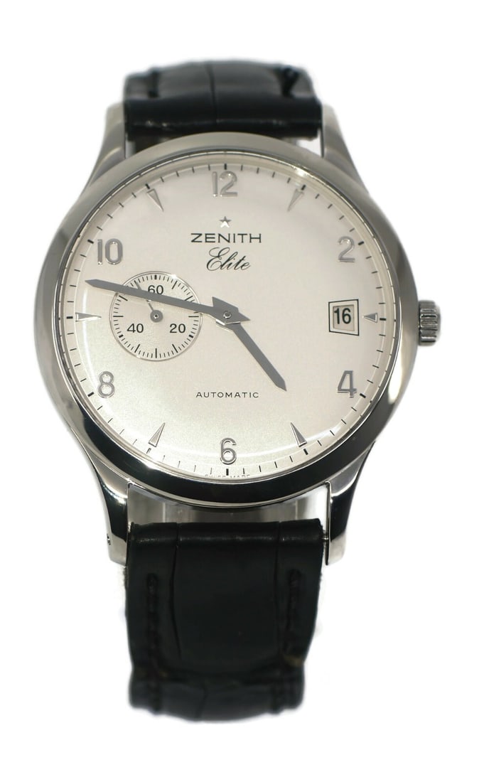 Zenith Elite automatic wristwatch in stainless steel 37 mm with box papers: Zenith Elite automatic wristwatch in stainless steel 37 mm with box papers Zenith Elite men's wristwatch with an automatic mechanical movement, featuring a round stainless steel case, silver analog di