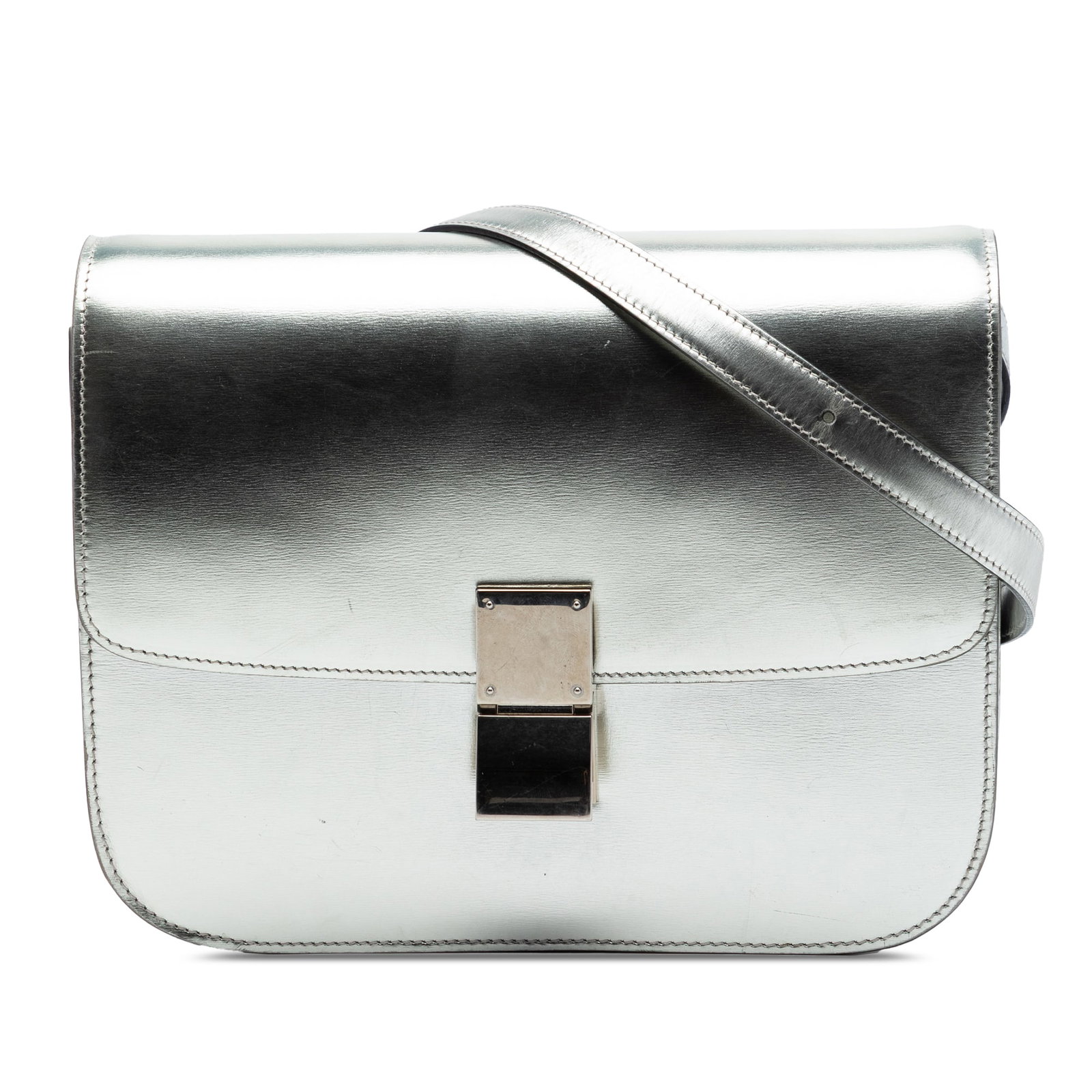 Celine Medium Calfskin Box Bag Silver Leather: Celine Medium Calfskin Box Bag Silver Leather This Celine Medium Calfskin Classic Box bag features a leather body in a silver tone, an adjustable flat strap, and a front flap with a metal clasp closur
