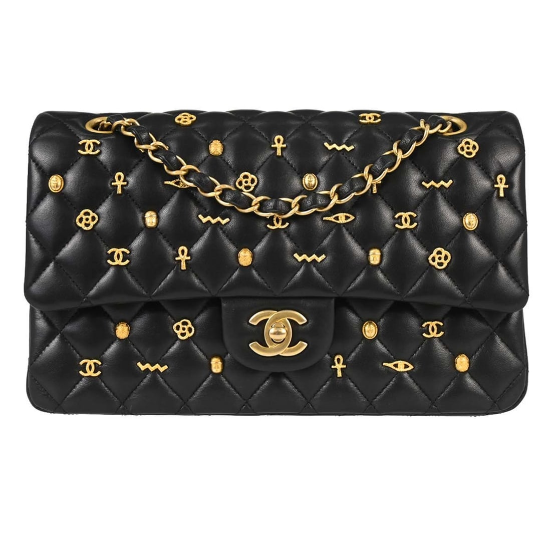 CHANEL Classic Double Flap Medium Shoulder Bag Black Lambskin Egyptian: CHANEL Classic Double Flap Medium Shoulder Bag Black Lambskin Egyptian Chanel Egyptian Medium Classic Double Flap shoulder bag in black lambskin leather. This women's shoulder bag features the classic