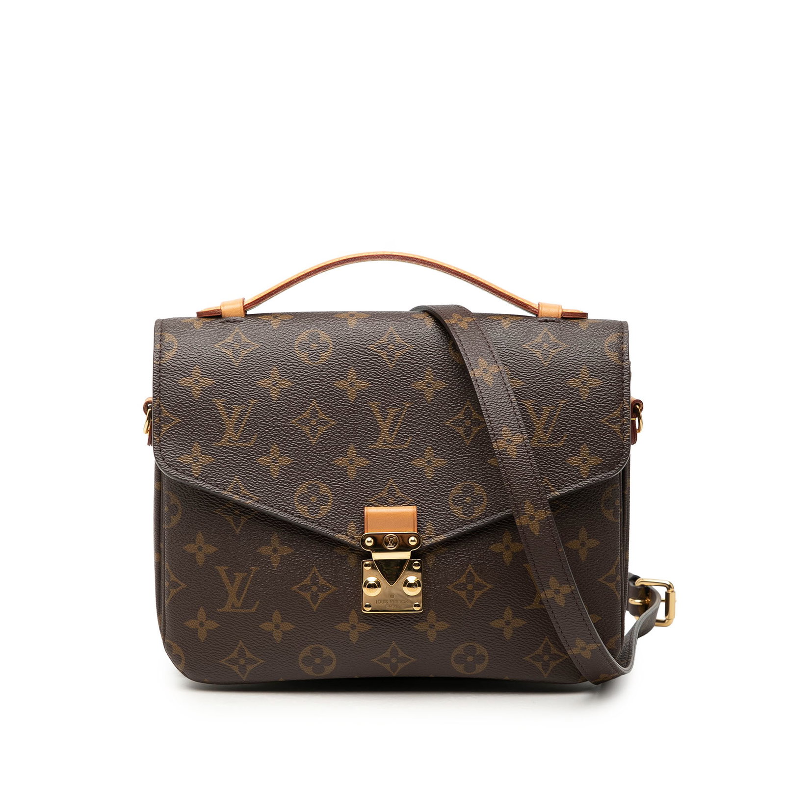 Louis Vuitton Pochette Metis Monogram Shoulder Bag: Louis Vuitton Pochette Metis Monogram Shoulder Bag Louis Vuitton Monogram Pochette Metis handbag crafted with a monogram canvas body, a flat vachetta leather top handle, and a detachable flat shoulder