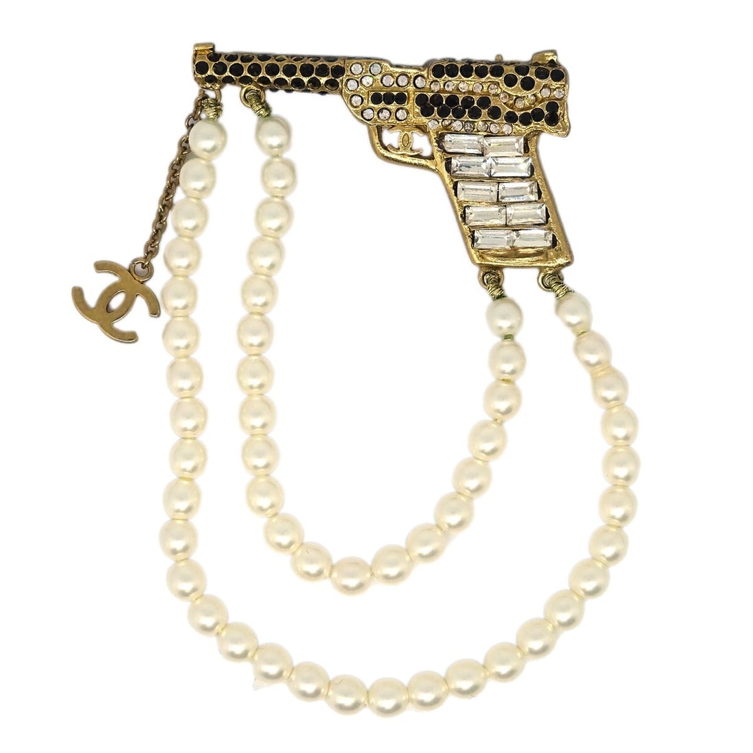 CHANEL 01A Gun Brooch Pin Gold Plated Rhinestone Faux Pearl (1 of 4)