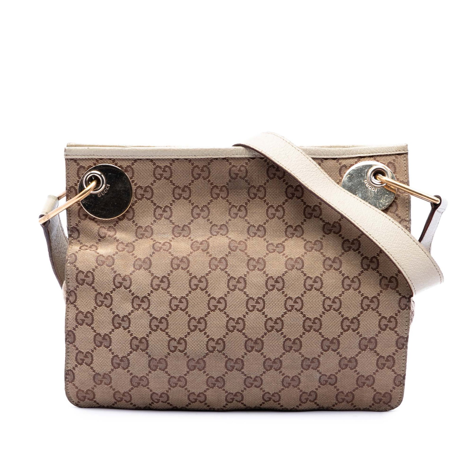 Gucci Eclipse Crossbody Bag in GG Canvas with Leather Trim: Gucci Eclipse Crossbody Bag in GG Canvas with Leather Trim Gucci Eclipse crossbody bag in beige GG canvas with leather trim. This crossbody style features an adjustable flat leather strap, an open top
