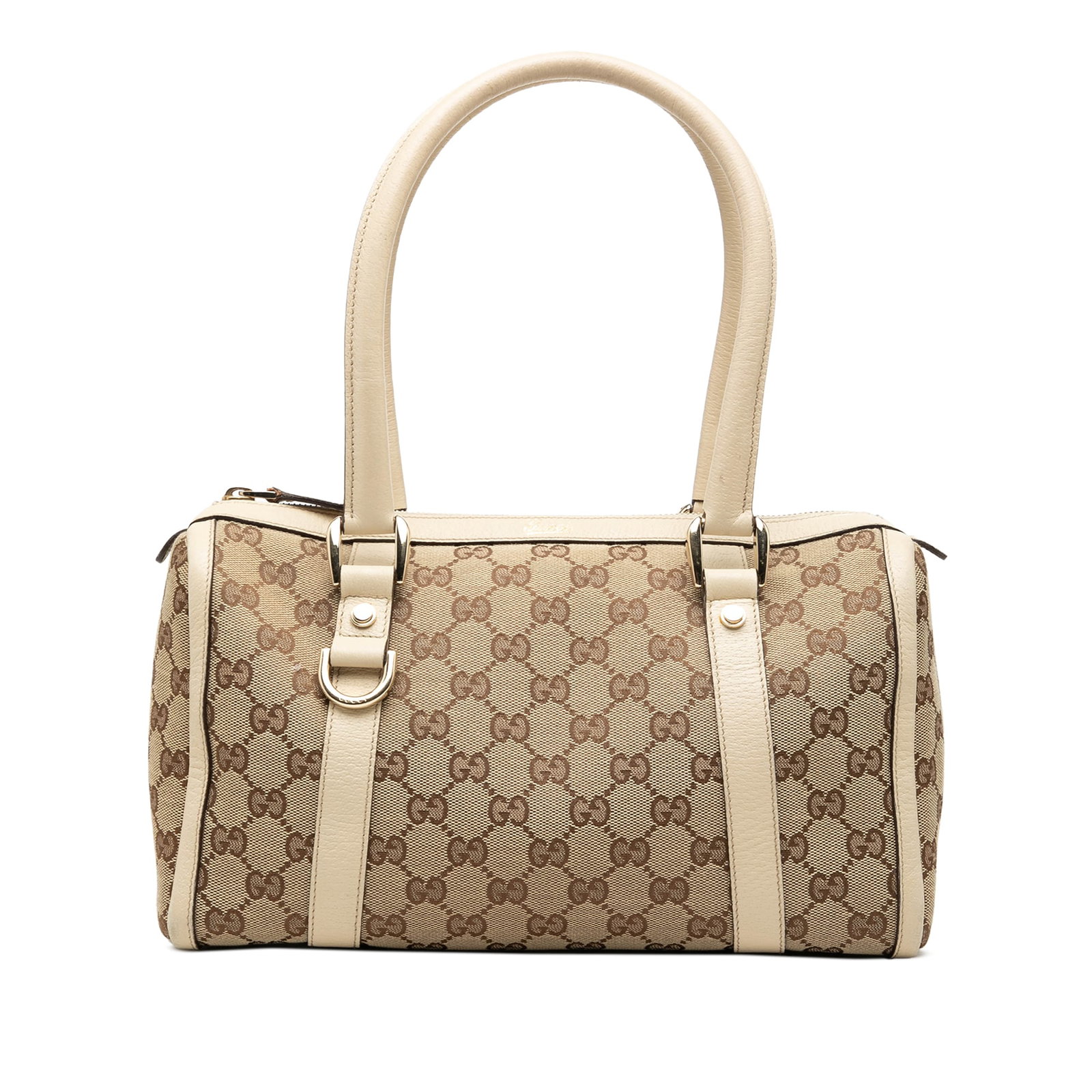 Gucci Abbey D Ring Boston Bag in GG Canvas: Gucci Abbey D Ring Boston Bag in GG Canvas Gucci Abbey D Ring Boston bag in beige GG canvas with leather trim. This Boston-style bag features rolled leather handles, a top zip closure, and an interior