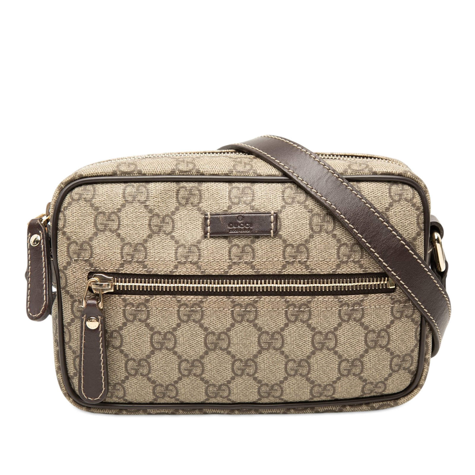 Gucci GG Supreme beige crossbody bag with leather trim: Gucci GG Supreme beige crossbody bag with leather trim Gucci GG Supreme Crossbody bag crafted with a coated canvas body and leather trim. It features an adjustable flat strap, a top zip closure, an ex