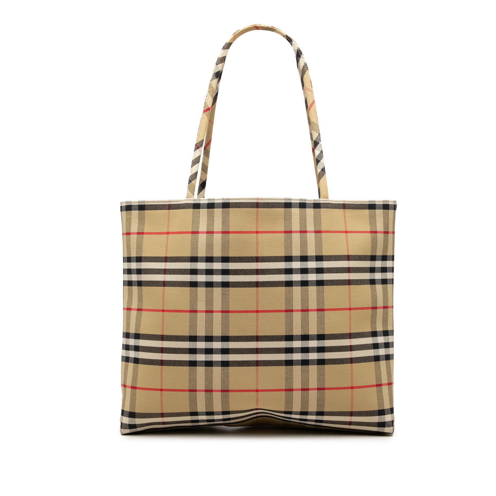 Burberry House Check Tote Bag in Beige Canvas: Burberry House Check Tote Bag in Beige Canvas Burberry House Check canvas tote bag with rolled handles and an open-top design. The beige fabric construction offers a classic look, while the spacious s