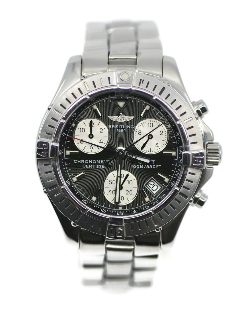 Breitling Colt A73350 mens stainless steel chronograph wristwatch: Breitling Colt A73350 mens stainless steel chronograph wristwatch Breitling Colt Chronograph wristwatch with a black concentric dial, baton indexes, and a unidirectional rotating bezel. This men's Swi