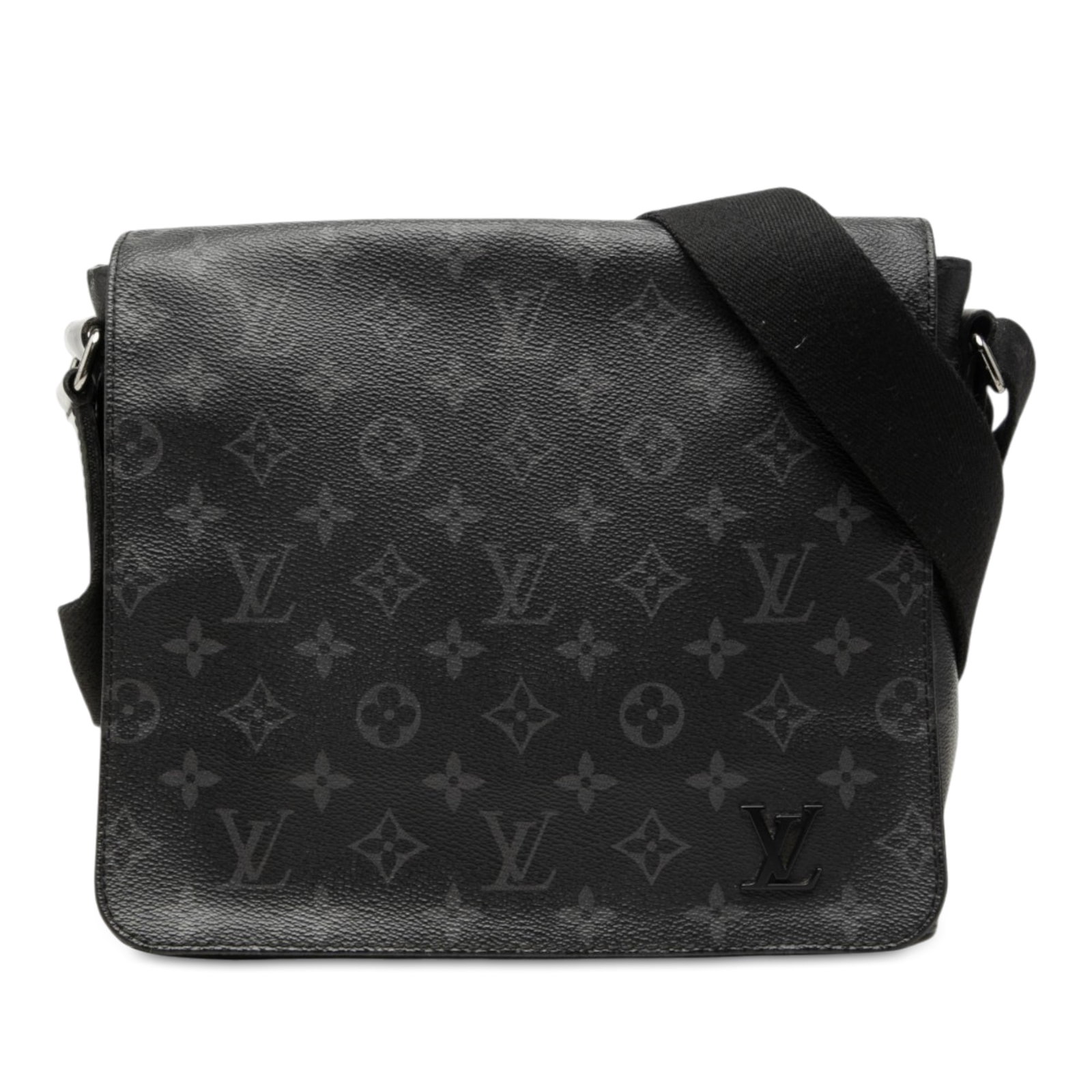 Louis Vuitton District PM Monogram Eclipse Messenger Bag Black: Louis Vuitton District PM Monogram Eclipse Messenger Bag Black Louis Vuitton Monogram Eclipse District PM shoulder bag in black fabric with a monogram canvas body, adjustable flat canvas strap, front 