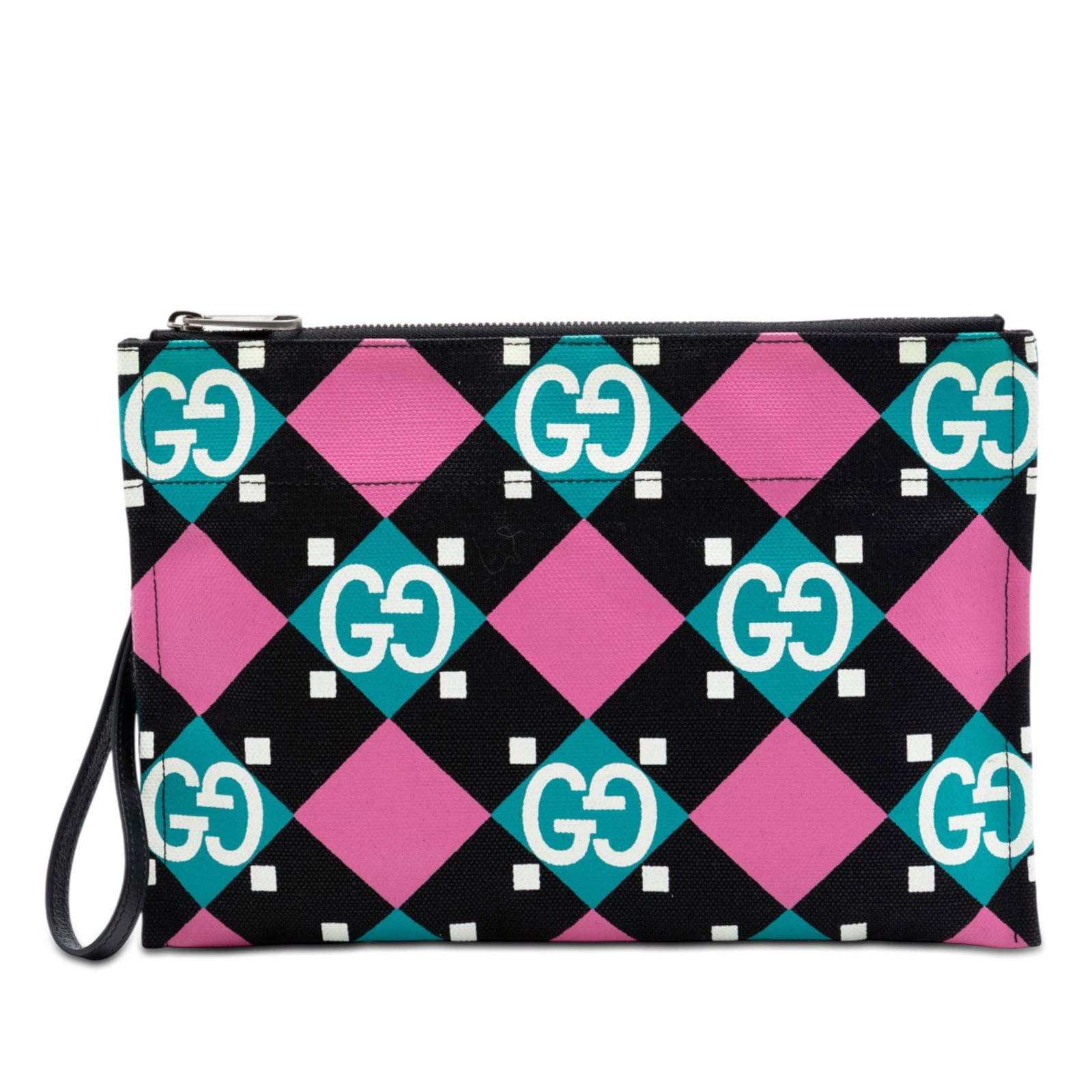 Gucci black canvas clutch with wrist strap and top zip: Gucci black canvas clutch with wrist strap and top zip This Gucci Jumbo GG Canvas Geometric Print Clutch features a printed canvas body with a striking geometric pattern. It includes a detachable flat