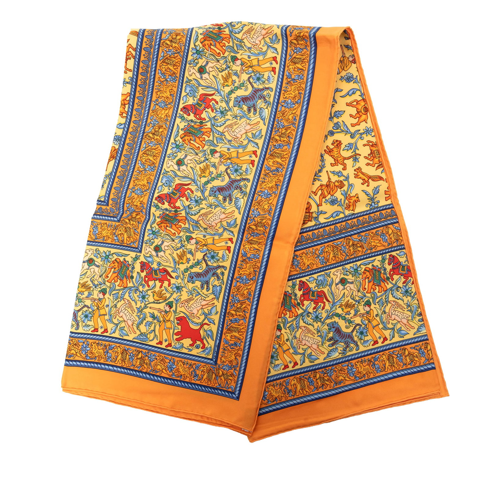 Hermes Chasse En Inde 90 silk scarf orange: Hermes Chasse En Inde 90 silk scarf orange Hermes Chasse En Inde Silk Scarf 90 in orange, featuring the Chasse En Inde print on silk. Includes the box. Condition is AB with loose stitching and stainin