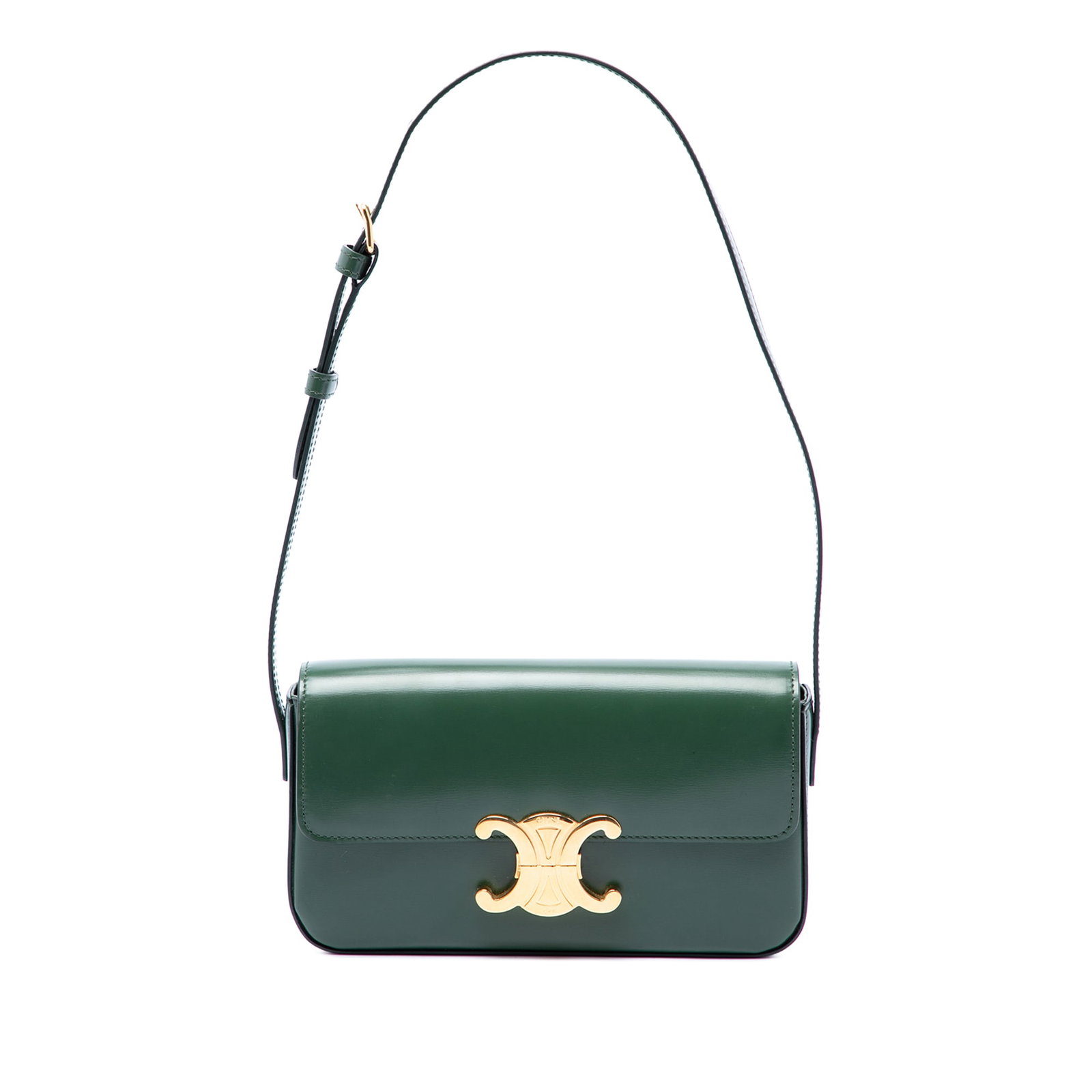 Celine Triomphe Claude Green Leather Shoulder Bag: Celine Triomphe Claude Green Leather Shoulder Bag A Celine Triomphe Claude shoulder bag crafted in shiny calfskin leather in green. The bag features a flat leather shoulder strap, a front flap with ma
