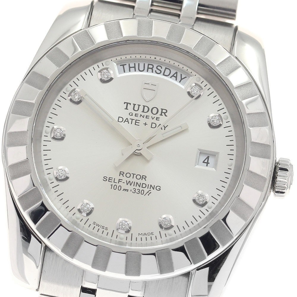 TUDOR Classic Date-Day Ref 23010 Mens Automatic Diamond Dial Watch: TUDOR Classic Date-Day Ref 23010 Mens Automatic Diamond Dial Watch TUDOR Classic Date-Day men's wristwatch with an automatic movement and a silver dial. This stainless steel watch features a day-date 