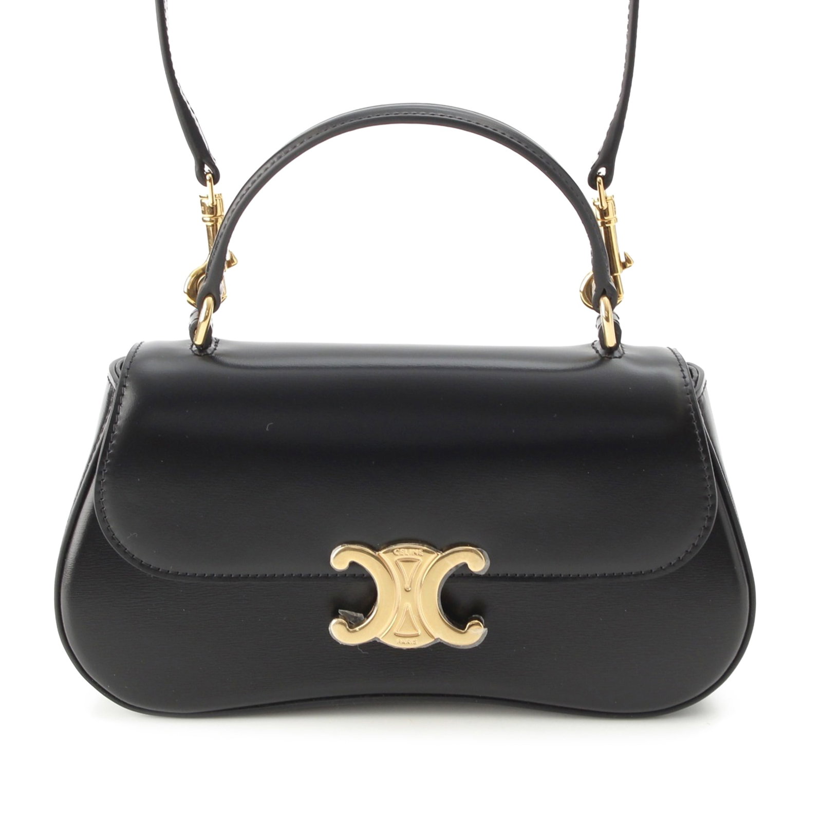 Celine Triomphe Lola Teen Top Handle Satchel in Black Calfskin: Celine Triomphe Lola Teen Top Handle Satchel in Black Calfskin A Celine Teen Triomphe Lola top handle bag crafted in shiny calfskin leather. This structured satchel features a flat top handle, an adju