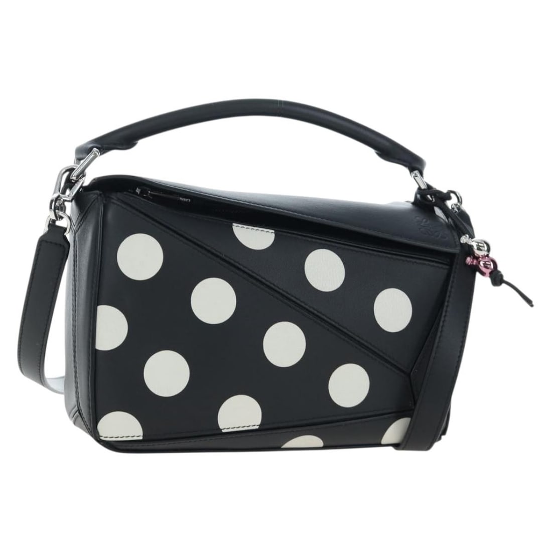 LOEWE Puzzle 10 Small 2way Leather Hand Bag Black Silver: LOEWE Puzzle 10 Small 2way Leather Hand Bag Black Silver LOEWE Puzzle 10 small 2-way bag crafted in black leather with silver-tone accents. This women's handbag includes a top handle and a detachable 