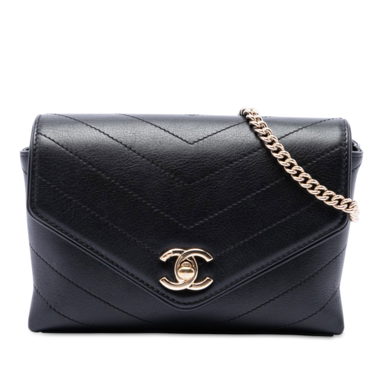 Chanel Stitched Coco Chevron Calfskin Belt Bag Black: Chanel Stitched Coco Chevron Calfskin Belt Bag Black A Chanel belt bag crafted in black calfskin leather with a chevron-stitched design. It features a flat leather and chain waist strap, a front flap 