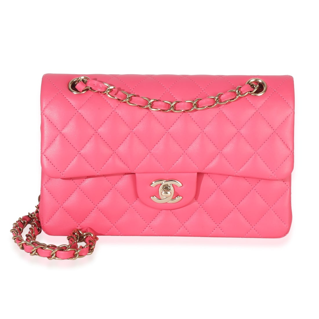 Chanel Small Classic Double Flap Shoulder Bag Pink Quilted Lambskin: Chanel Small Classic Double Flap Shoulder Bag Pink Quilted Lambskin Pre-owned Chanel Small Classic Double Flap shoulder bag in pink quilted lambskin with a turnlock closure and matching pink leather l