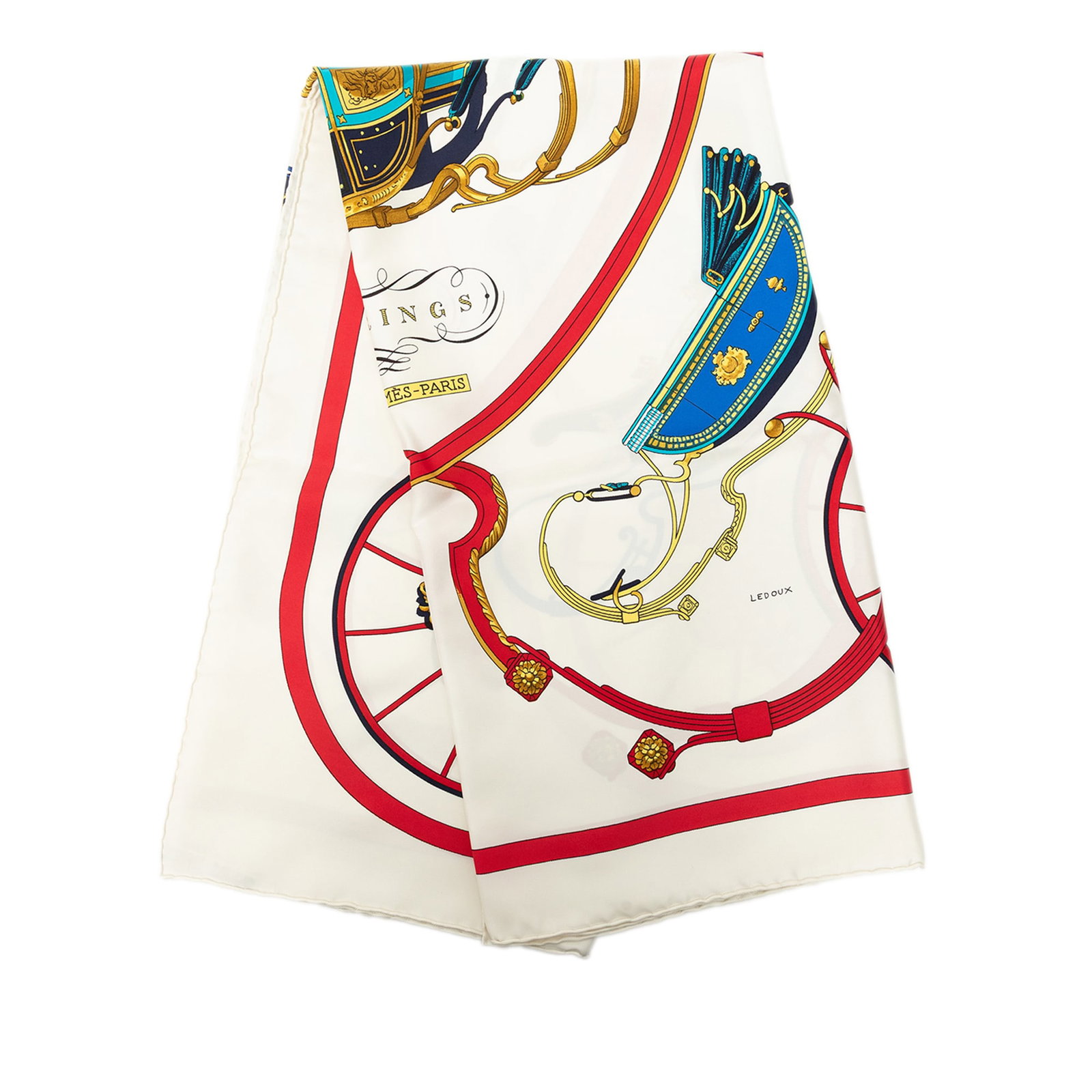 Hermes Springs 90 silk scarf in white: Hermes Springs 90 silk scarf in white Hermes Springs Silk Scarf 90 in white, featuring the Springs print on silk. Made in France, this accessory shows staining on both the front and back and is graded