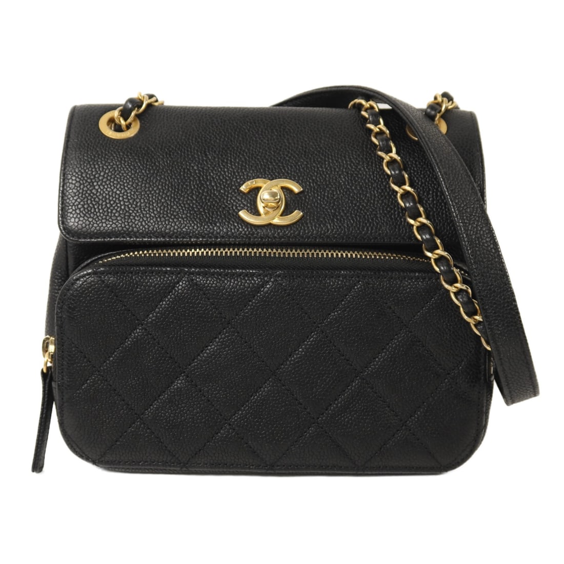 CHANEL CC Shoulder Bag Black Calfskin Chain Strap: CHANEL CC Shoulder Bag Black Calfskin Chain Strap CHANEL CC GHW Chain Shoulder Bag in black calfskin leather. This women's shoulder bag features a turn lock closure, one outside zip pocket, one inside