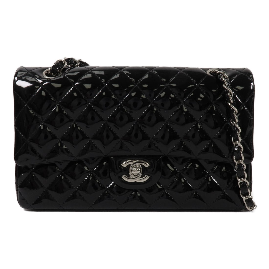 CHANEL A01112 Classic 25 Patent Leather Shoulder Bag Black SHW: CHANEL A01112 Classic 25 Patent Leather Shoulder Bag Black SHW CHANEL Classic 25 Chain Shoulder Bag in black patent leather. This shoulder bag features the CC SHW design, a turn-lock closure, and a ch