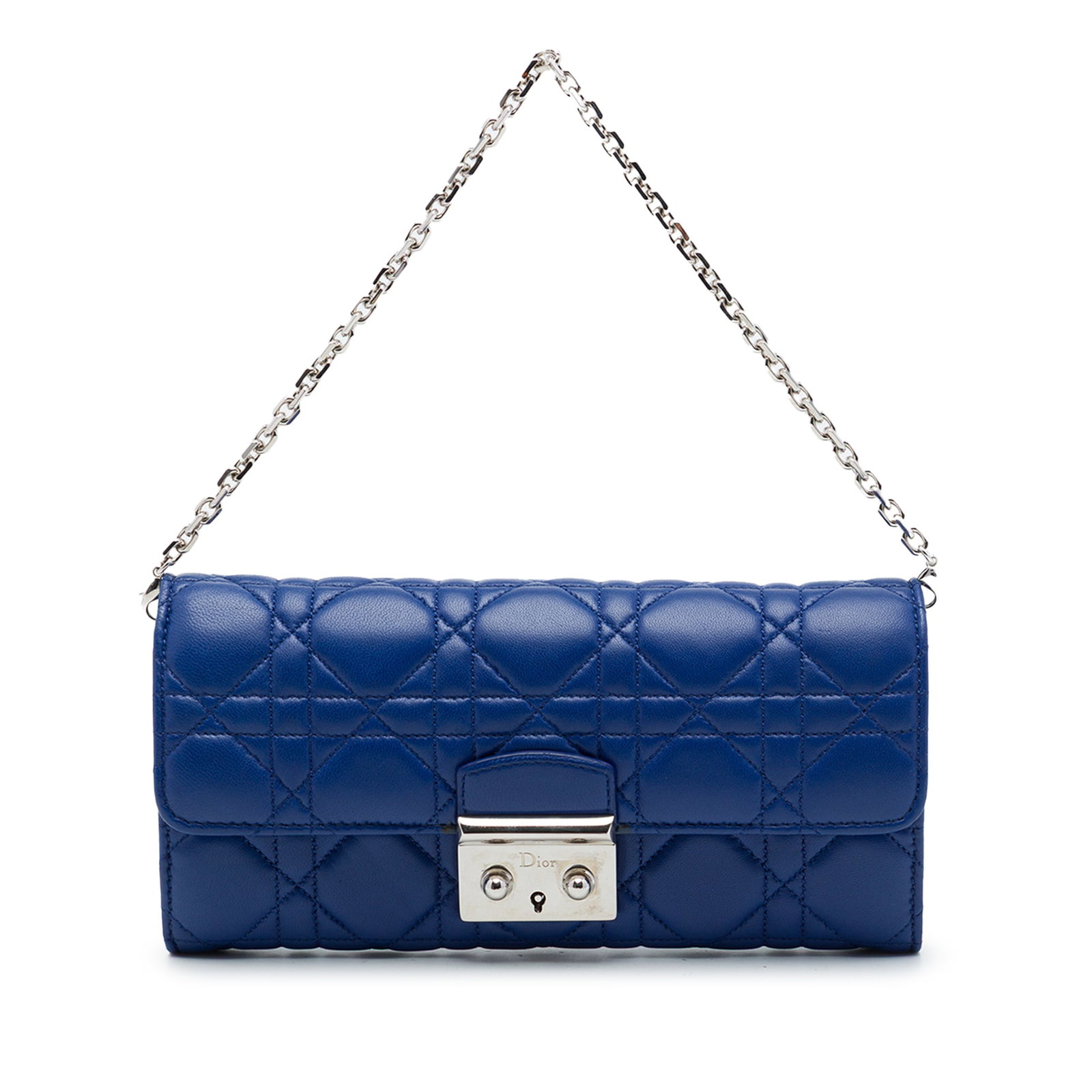 Dior Miss Dior Promenade Blue Lambskin Chain Wallet: Dior Miss Dior Promenade Blue Lambskin Chain Wallet A Dior Miss Dior Promenade wallet on chain crafted in blue quilted lambskin leather with the Cannage pattern. This piece features a detachable chain