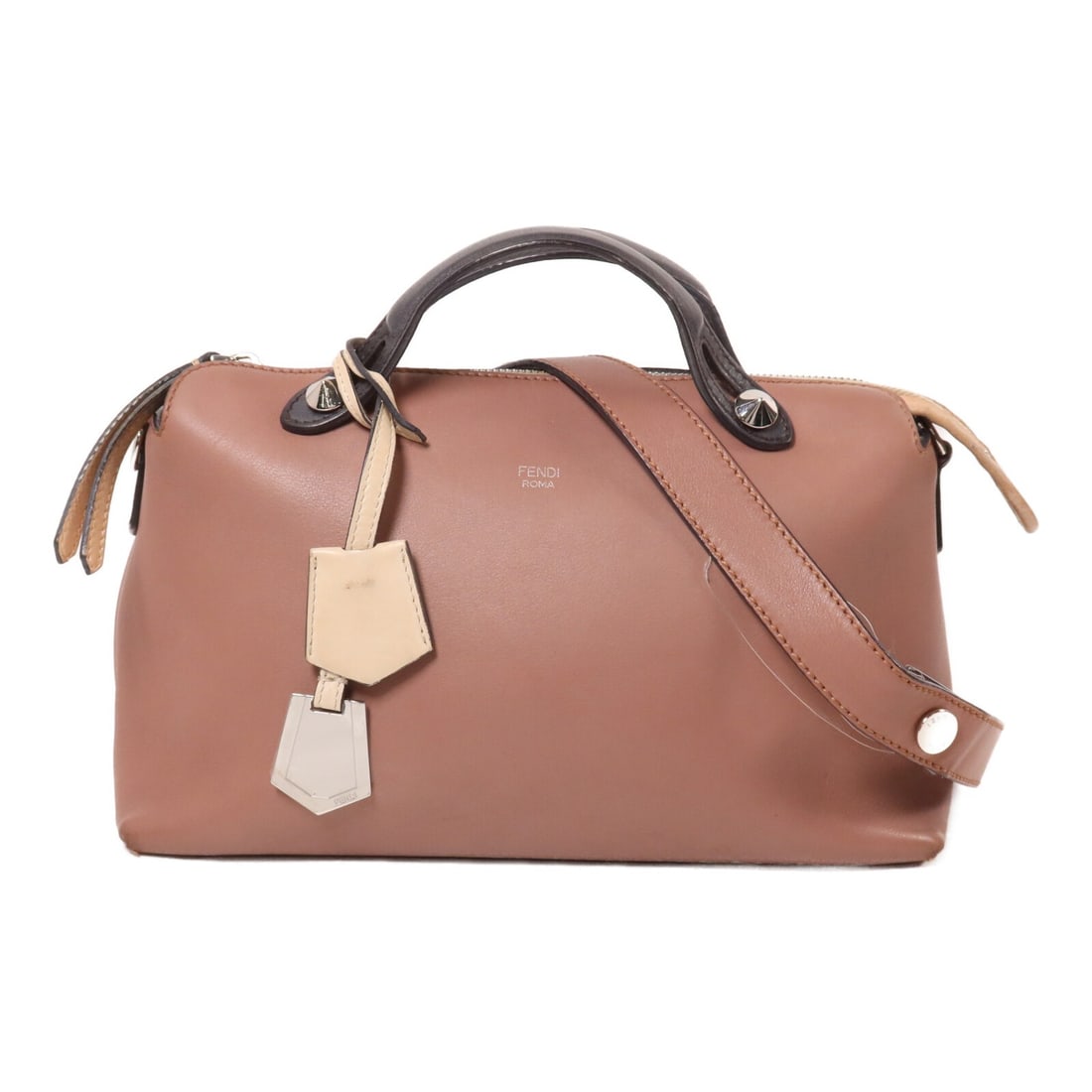 Fendi By The Way 8BL124-5QJ calfskin 2way shoulder bag pink gray: Fendi By The Way 8BL124-5QJ calfskin 2way shoulder bag pink gray Fendi By The Way 2-way shoulder bag in pink, gray, and beige calfskin leather. This women's bag features a structured design with top h