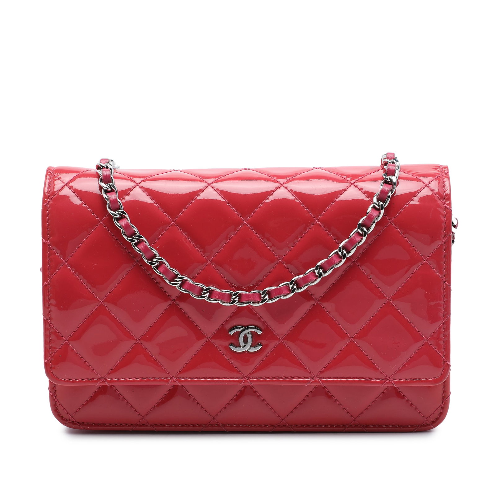 Chanel CC Quilted Patent Leather Wallet on Chain Red: Chanel CC Quilted Patent Leather Wallet on Chain Red A Chanel CC Quilted Patent Wallet On Chain in red patent leather with the brand's quilted design and a leather-woven chain shoulder strap. The flap