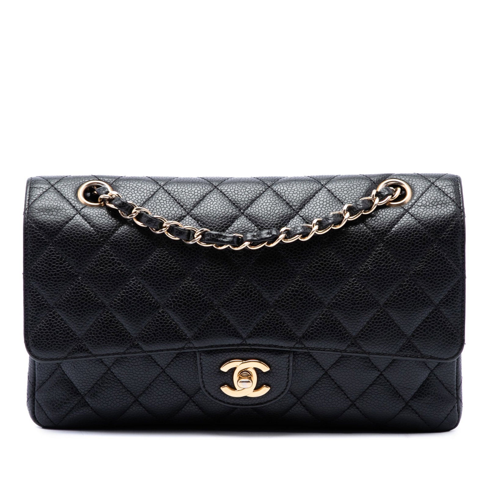 Chanel Medium Classic Double Flap Shoulder Bag in Black Caviar Leather: Chanel Medium Classic Double Flap Shoulder Bag in Black Caviar Leather A Chanel Medium Classic Caviar Double Flap bag in black quilted caviar leather. This iconic design features a leather-woven chain
